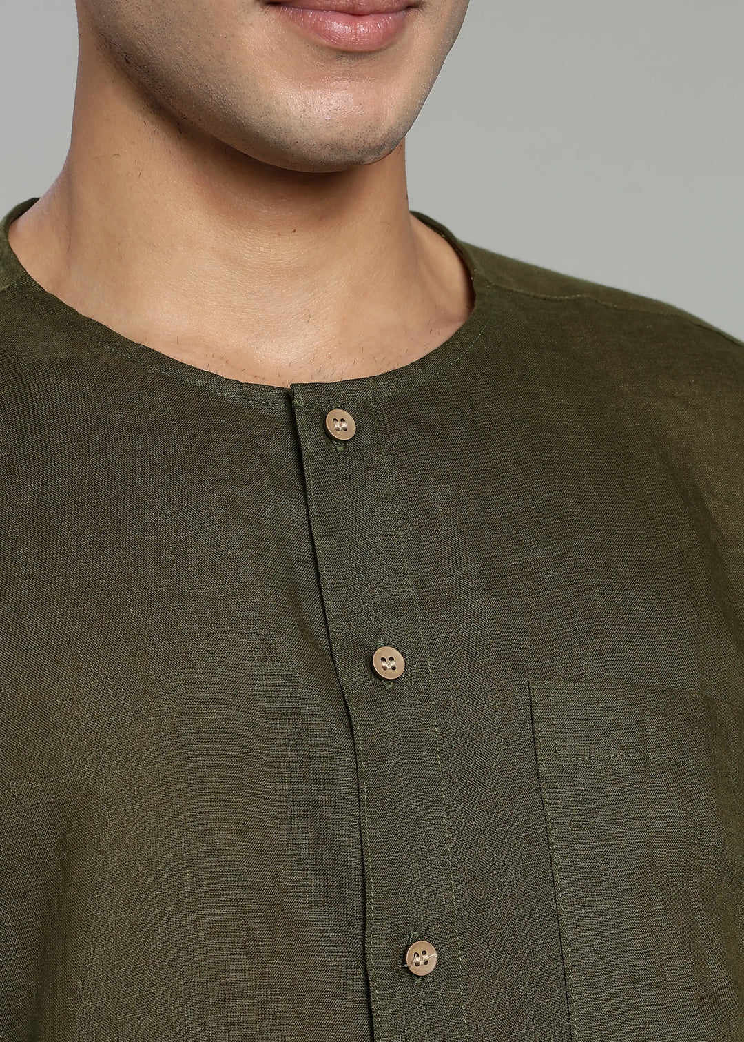 Pedro - Collarless Pure Linen Full Sleeve Shirt - Moss Green