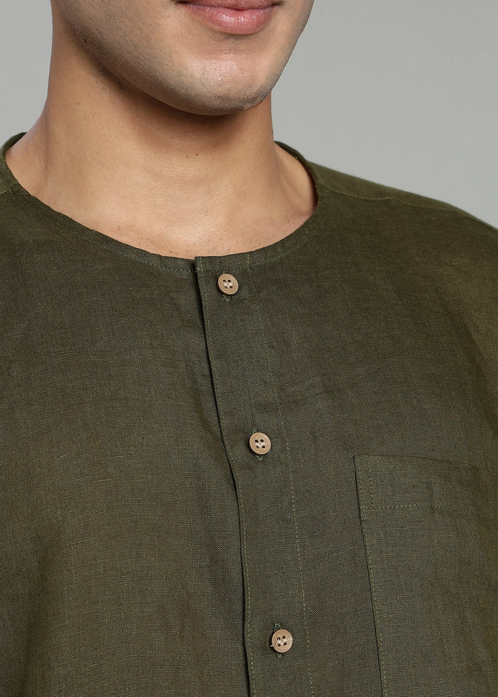 Pedro - Collarless Pure Linen Full Sleeve Shirt - Moss Green