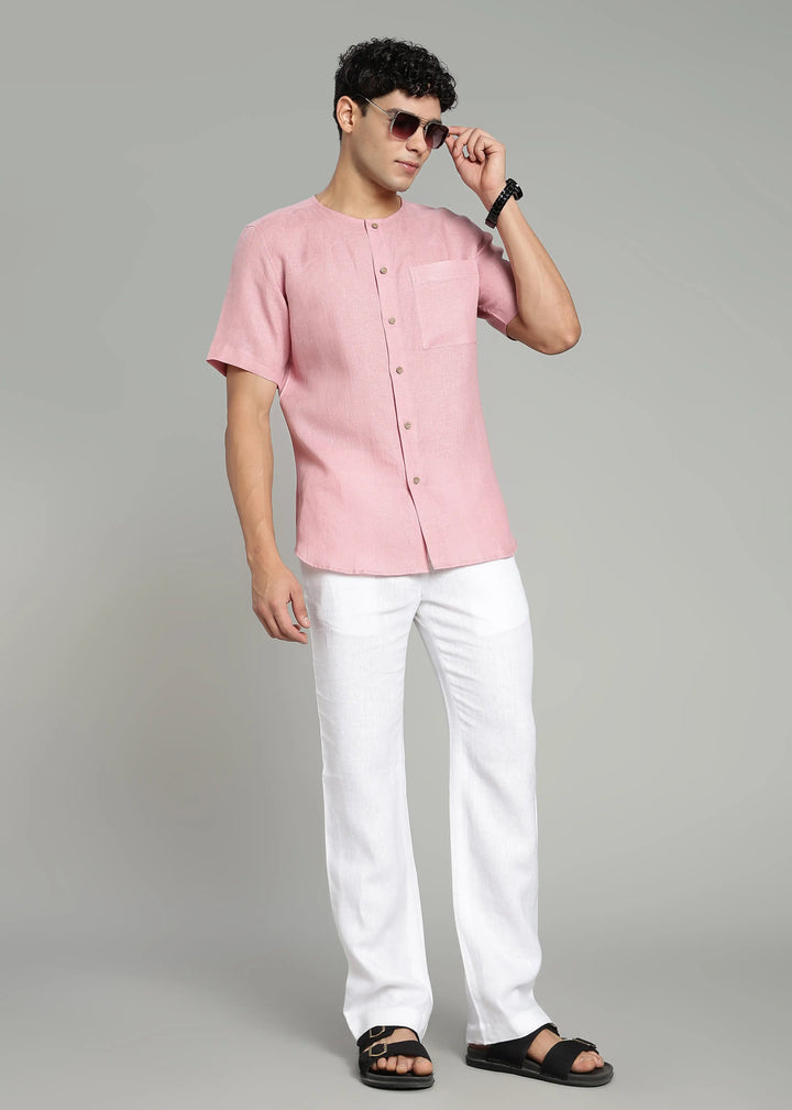 Pedro - Collarless Pure Linen Half Sleeve Shirt - Salmon Pink