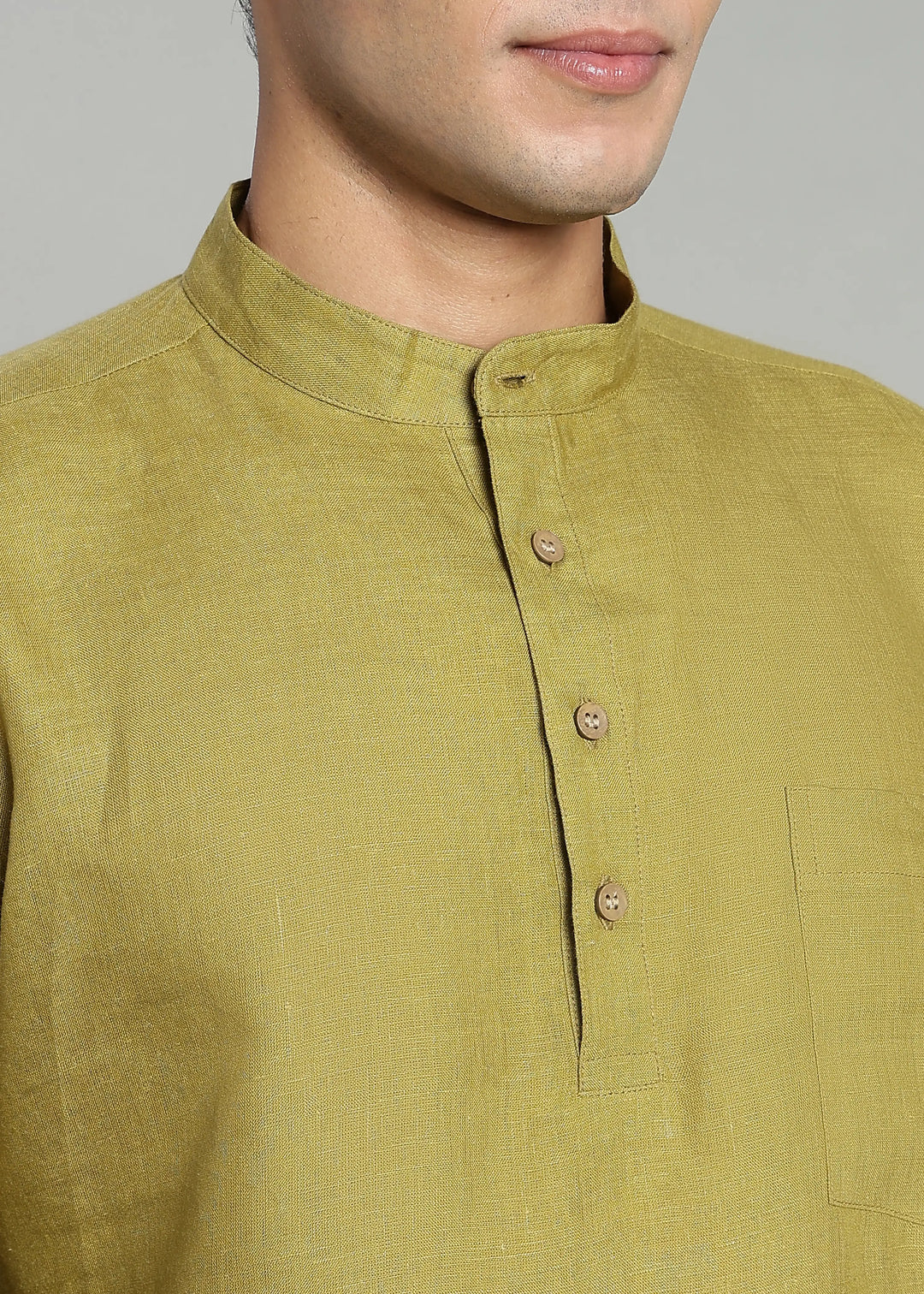 Samir - Pure Linen Full Sleeve Short Kurta Shirt with Cuff - Sap Green