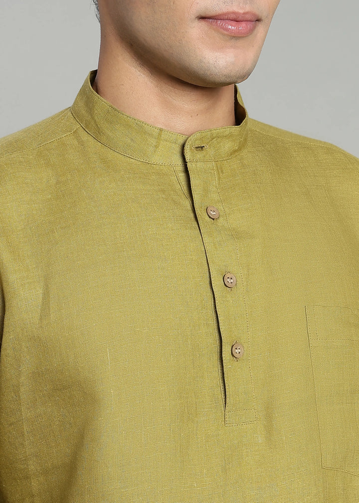 Samir - Pure Linen Full Sleeve Short Kurta Shirt with Cuff - Sap Green