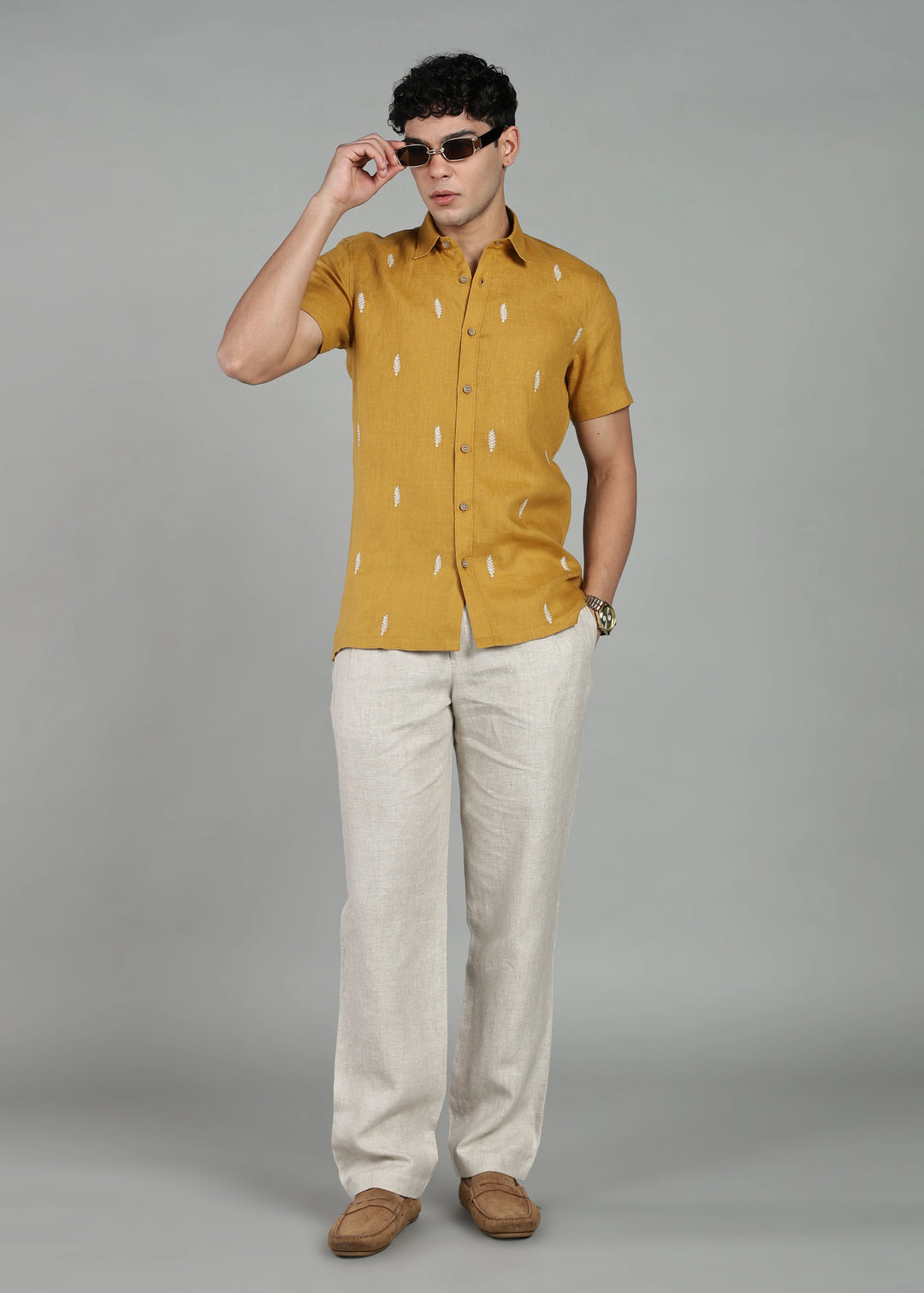 Touch Me Not - Pure Linen Half Sleeve Hand Embroidered Shirt - Sienna Brown