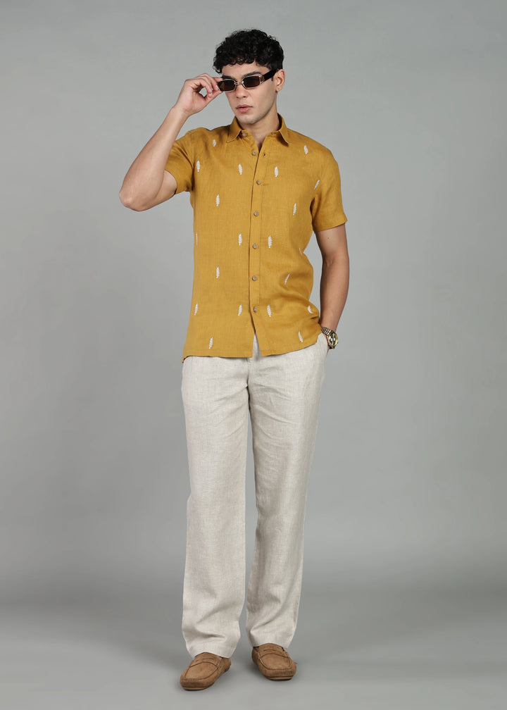 Touch Me Not - Pure Linen Half Sleeve Hand Embroidered Shirt - Sienna Brown