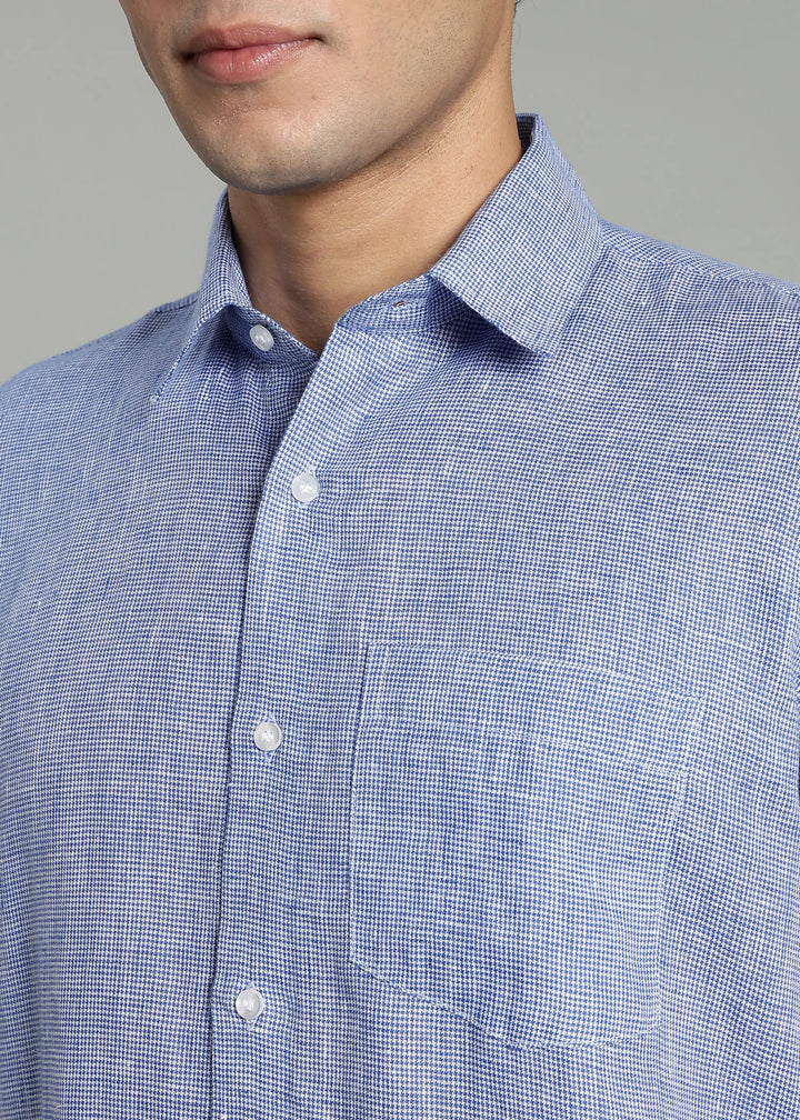 Ted - Pure Linen Short Sleeve Shirt - Blue Houndstooth