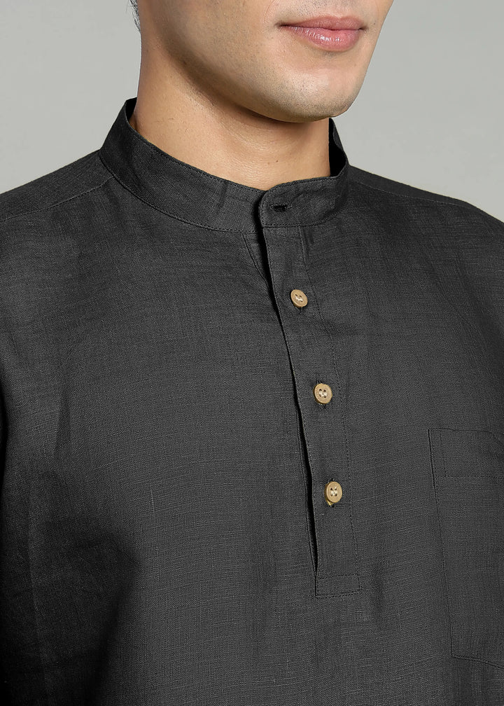 Samir - Pure Linen Full Sleeve Short Kurta Shirt with Cuff - Black