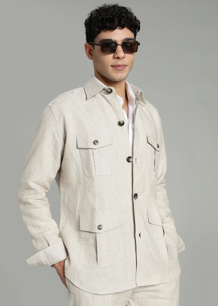 Leonard - Pure Linen Utility Shacket - Ecru
