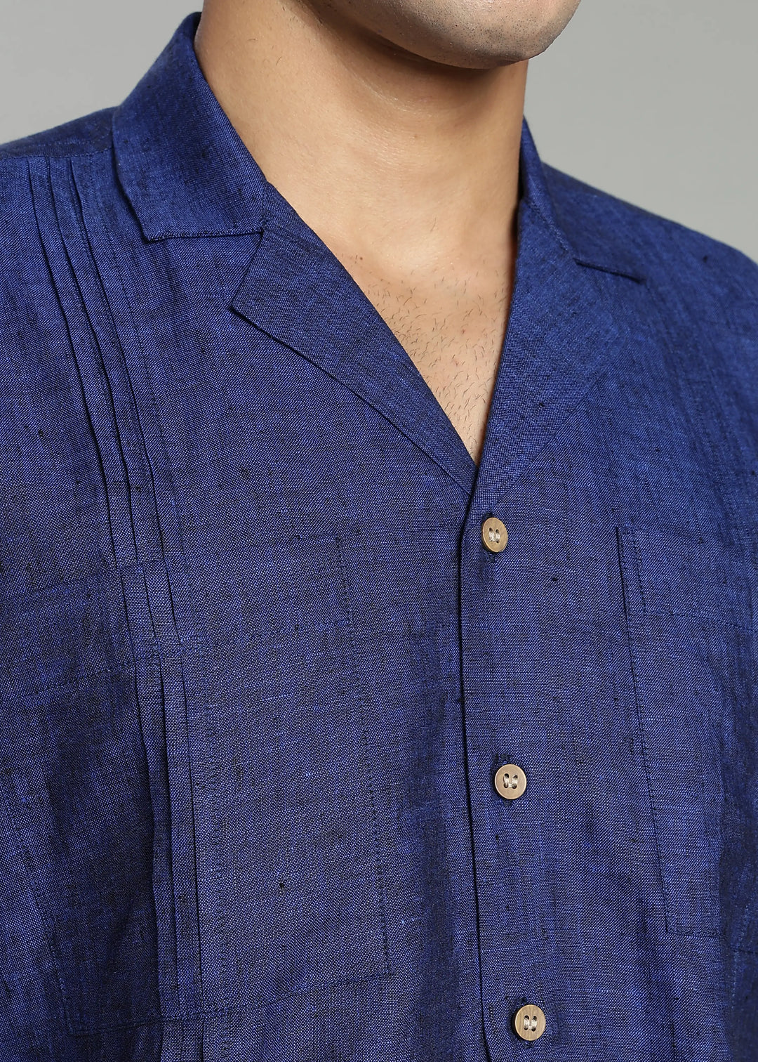 Oversized Pure Linen Cuban Collar Short Sleeve Shirt - Prussian Blue