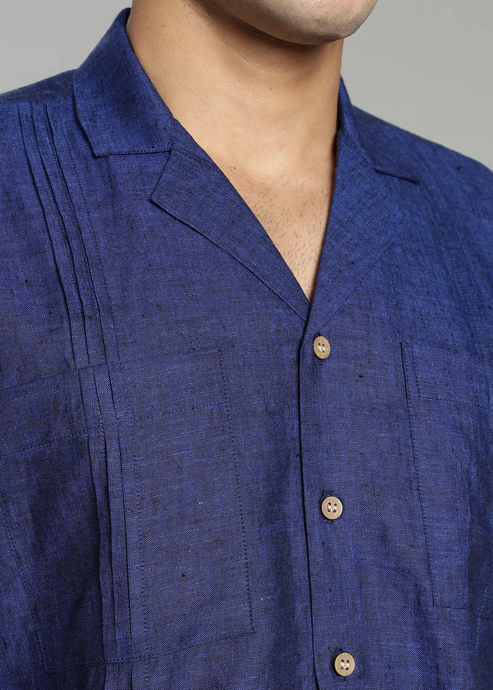 Oversized Pure Linen Cuban Collar Short Sleeve Shirt - Prussian Blue