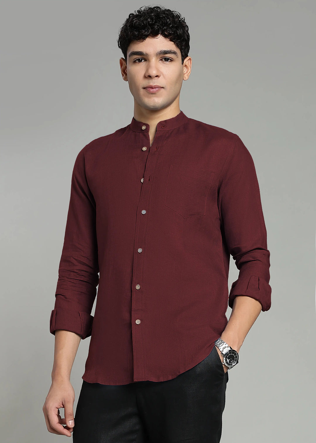 Aaron - Pure Linen Mandarin Collar Full Sleeve Shirt With Front Pocket - Red Wine