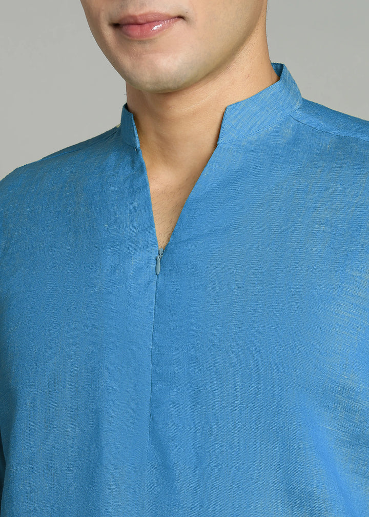 Arnav - Full Sleeve Broad-Notched Collar Pure Linen Short Kurta - Swedish Blue