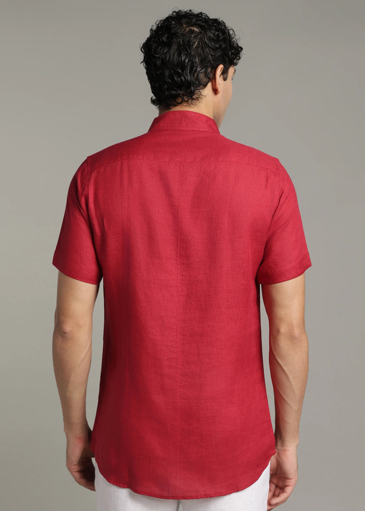 Aaina - Pure Linen Mirror Embroidered Half Sleeve Shirt - Mud Red