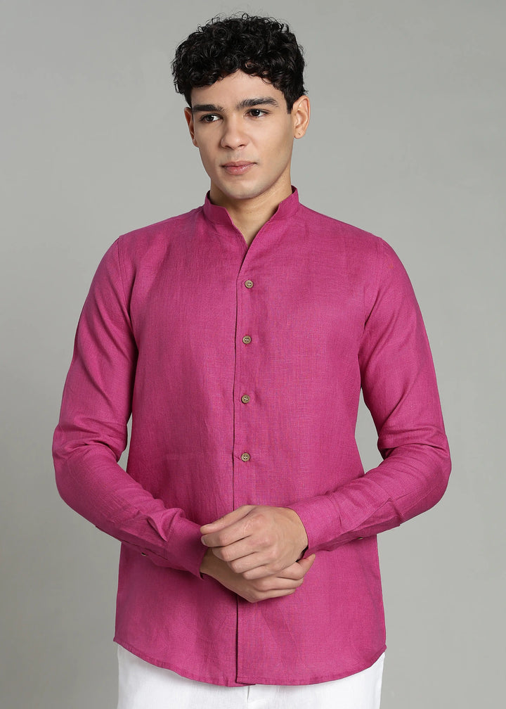Craig - Pure Linen V Neck Full Sleeve Shirt - Raspberry Pink