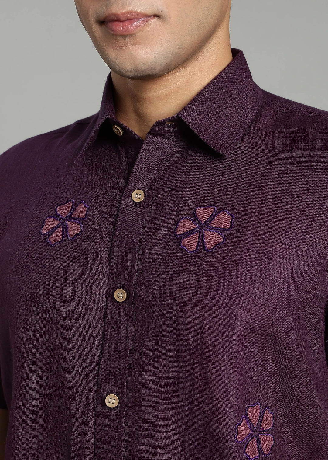 Juno - Pure Linen Appliqué Half Sleeve Shirt - Dark Purple