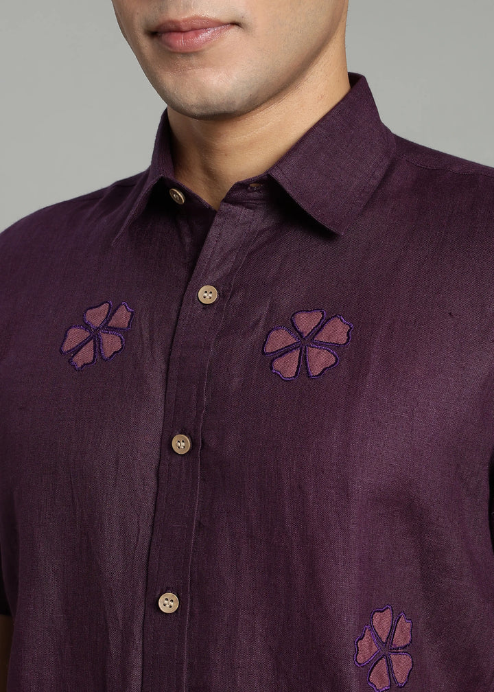 Juno - Pure Linen Appliqué Half Sleeve Shirt - Dark Purple
