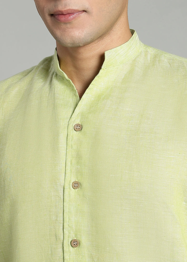 Craig - Pure Linen V Neck Full Sleeve Shirt - Light Green Chambray