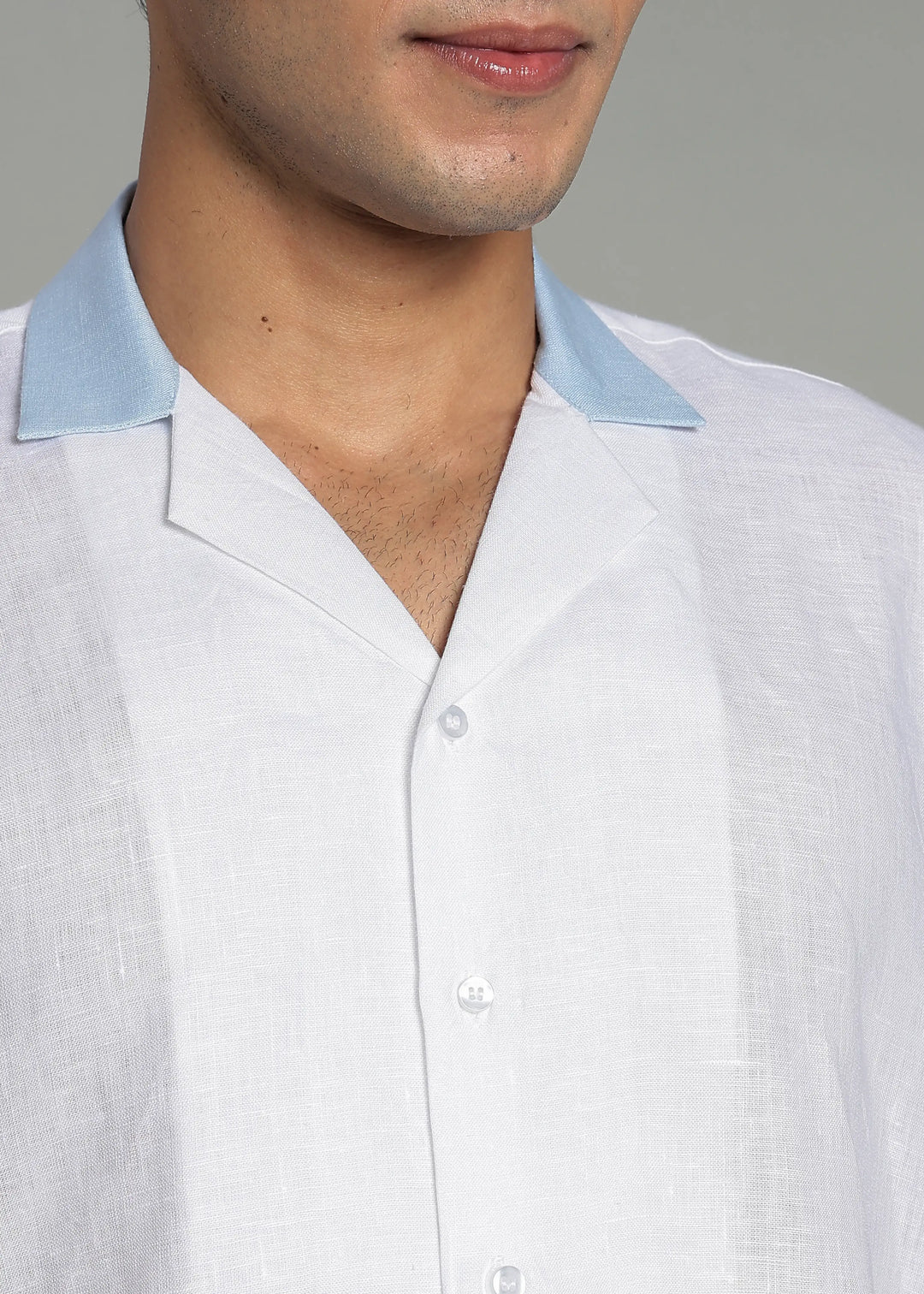 Eliot - Contrast Cuban Collar Pure Linen Half Sleeve Shirt - White