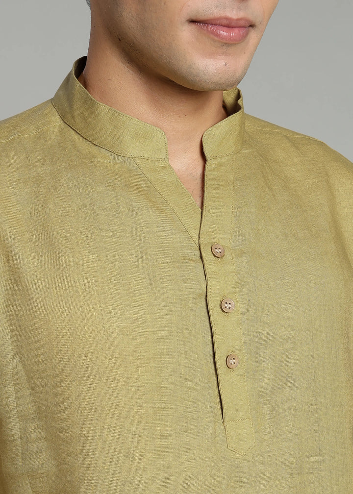 Zaeden - Pure Linen V Neck Full Sleeve Short Kurta Shirt - Sunburst Yellow