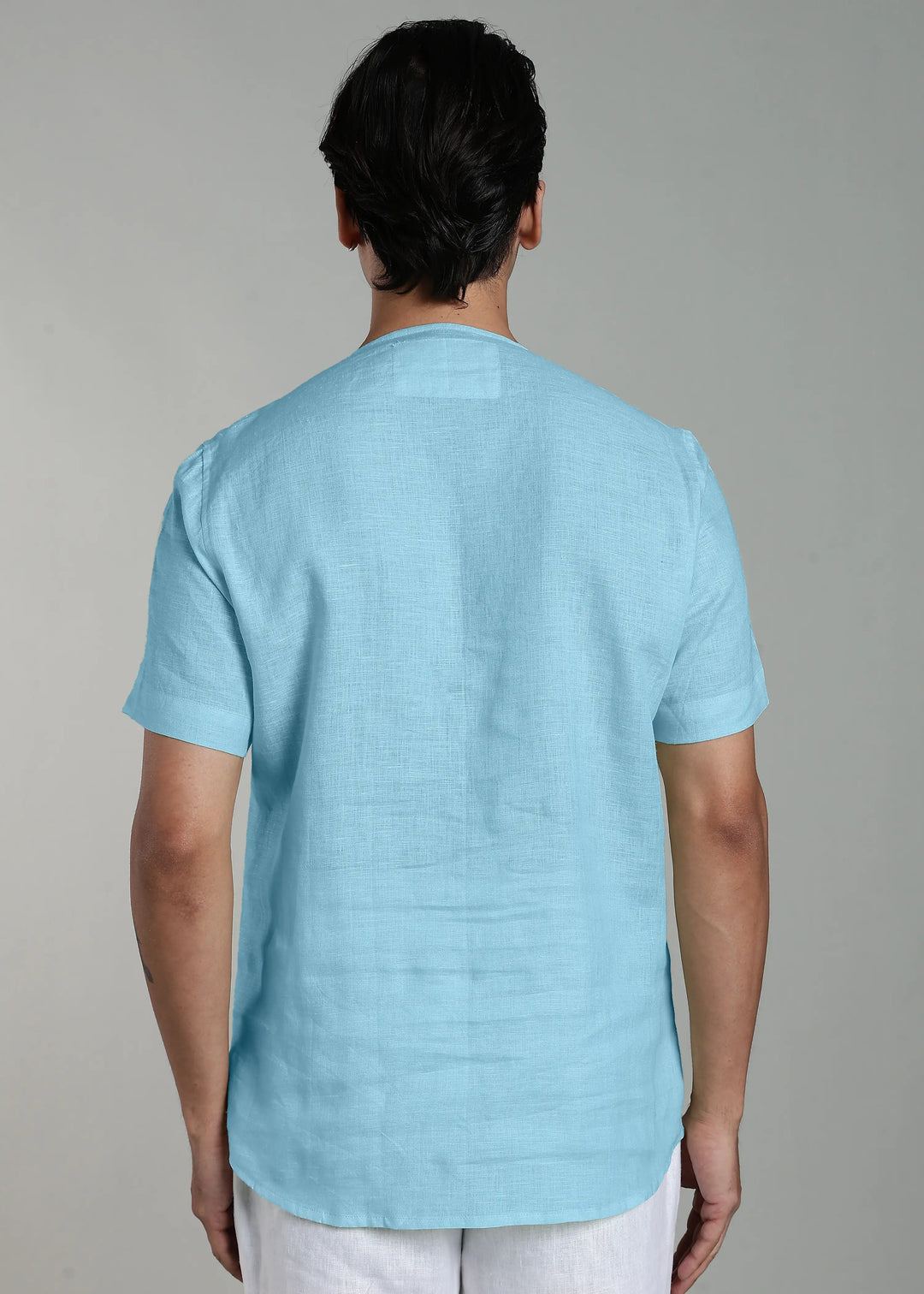 Simon - Pure Linen Stitch Detail Short Sleeve T-Shirt - Alaskan Blue