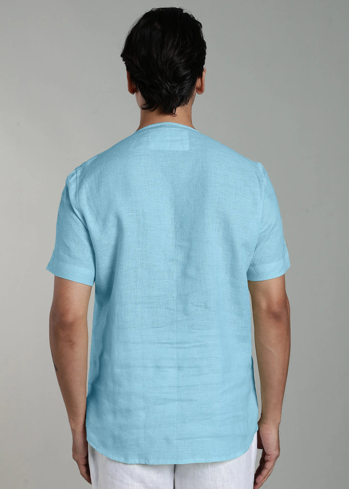 Simon - Pure Linen Stitch Detail Short Sleeve T-Shirt - Alaskan Blue