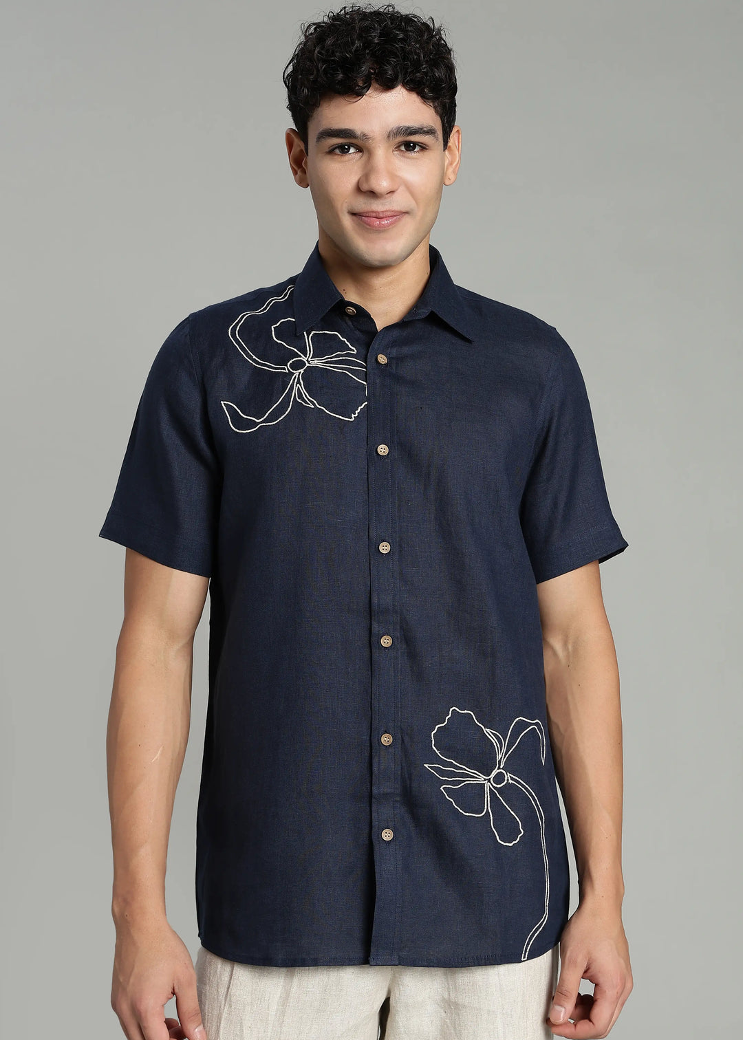 Iris - Pure Linen Appliqué Half Sleeve Shirt - Dark Blue