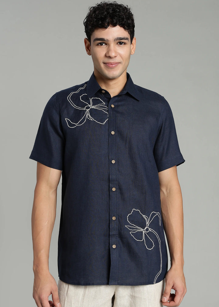 Iris - Pure Linen Appliqué Half Sleeve Shirt - Dark Blue