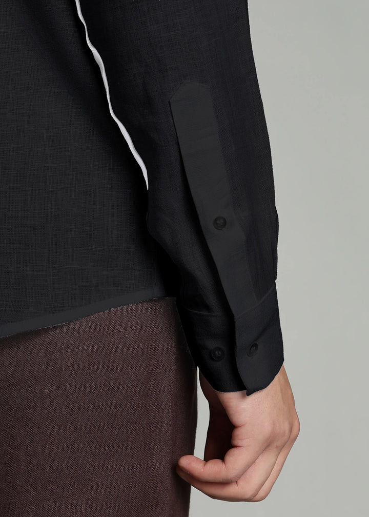 Victor - Pure Linen Full Sleeve Shirt With Box Pleat - Black