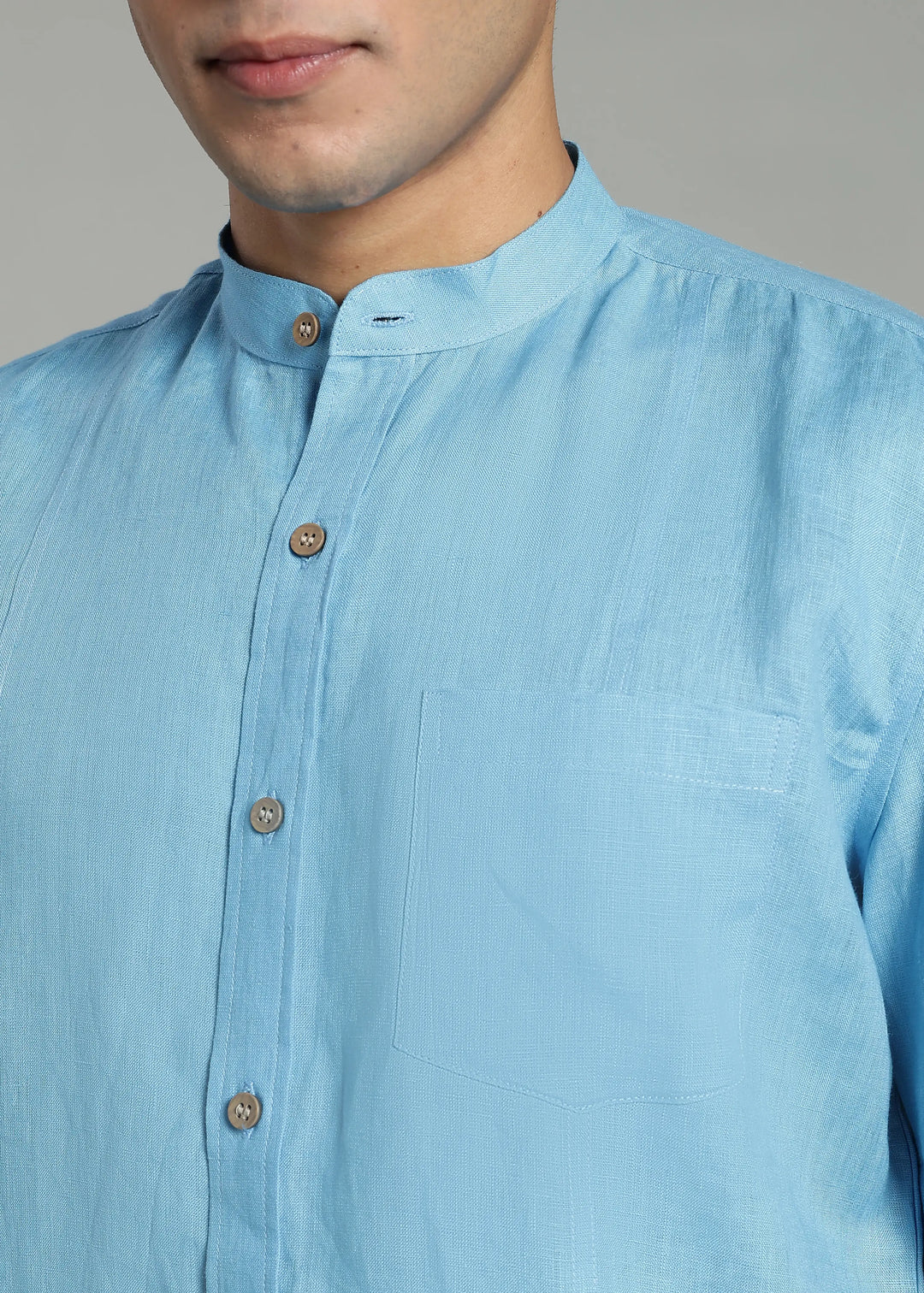Trevor - Pure Linen Mandarin Collar Half Sleeve Shirt - Alaskan Blue