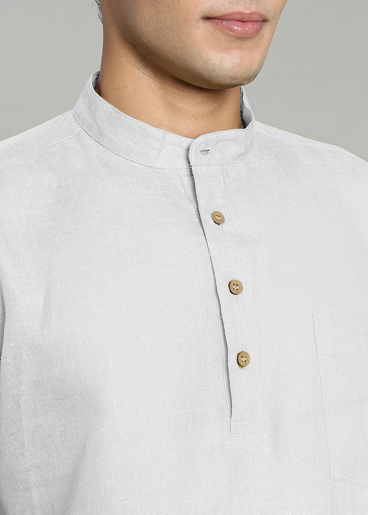 Samir - Pure Linen Full Sleeve Short Kurta Shirt with Cuff - White