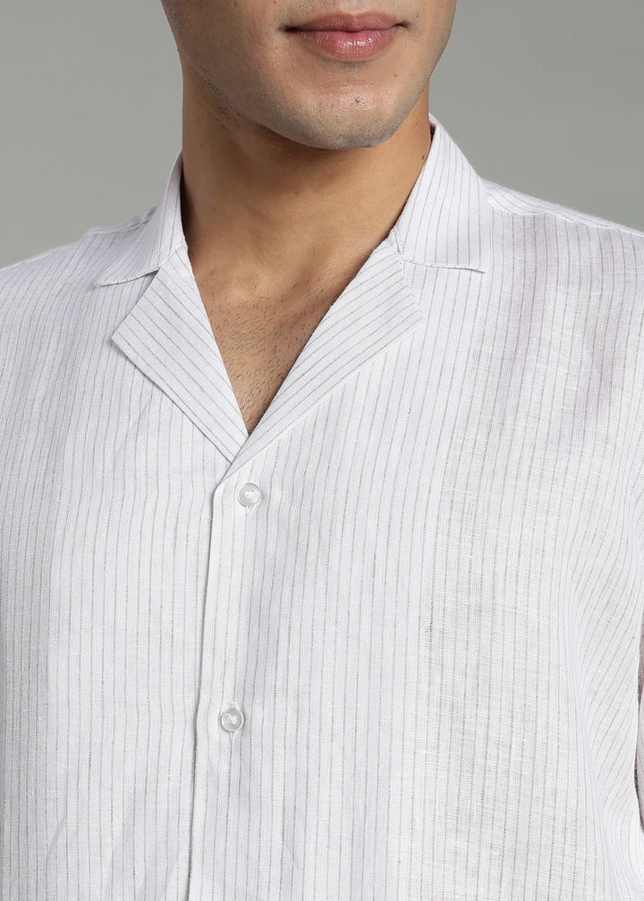 Nathan - Cuban Collar Pure Linen Half Sleeve Shirt - Brown Pinstripe