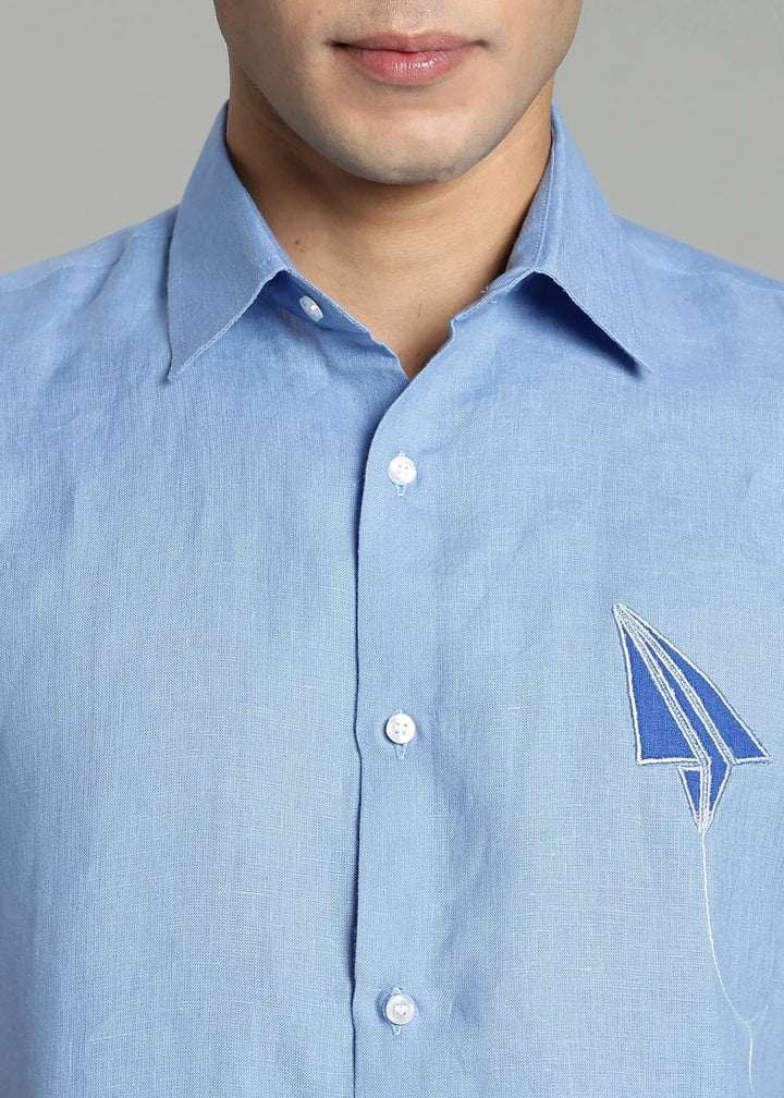 Aether - Pure Linen Appliqué Half Sleeve Shirt - Olympic Blue