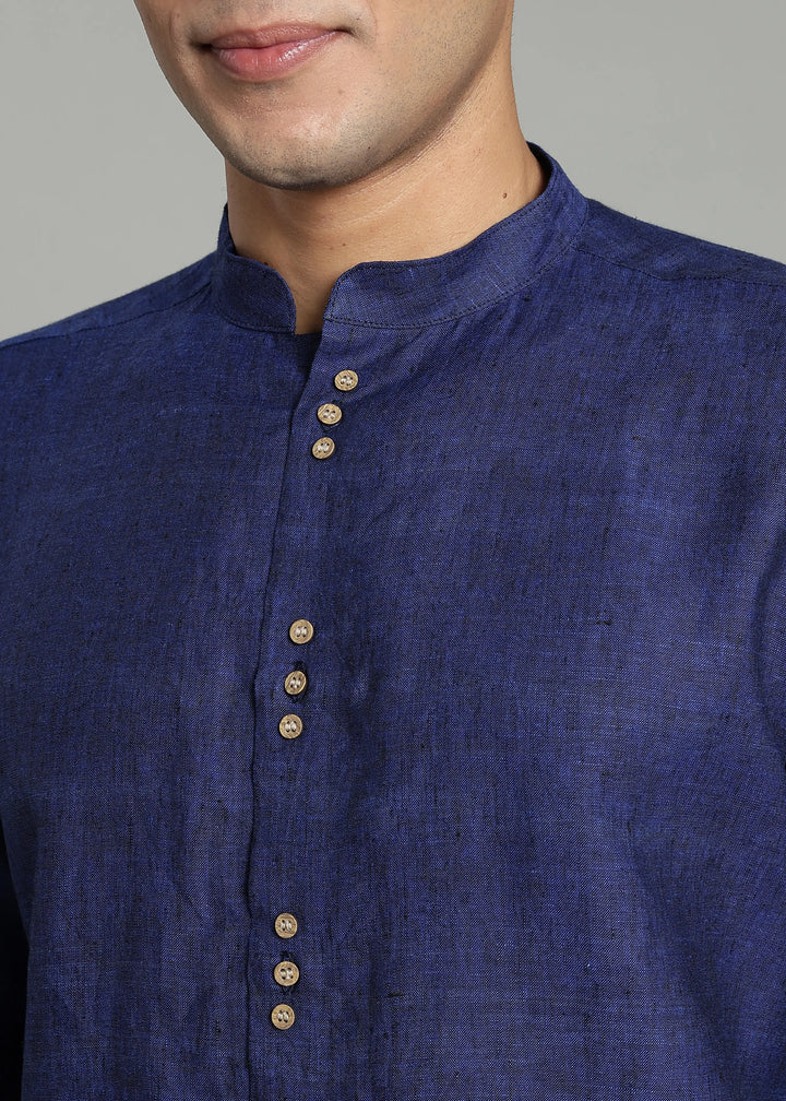 Flint - Pure Linen Shirt with Mandarin Collar & Trio Button Detail - Prussian Blue
