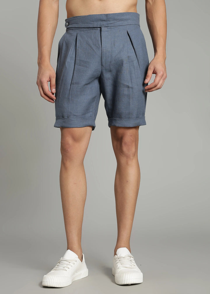 Hudson - Pure Linen Pleated Shorts With Stylized Waistband - Blue Grey