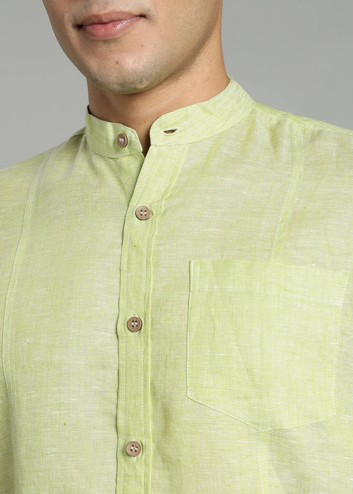 Trevor - Pure Linen Mandarin Collar Full Sleeve Shirt - Light Green Chambray