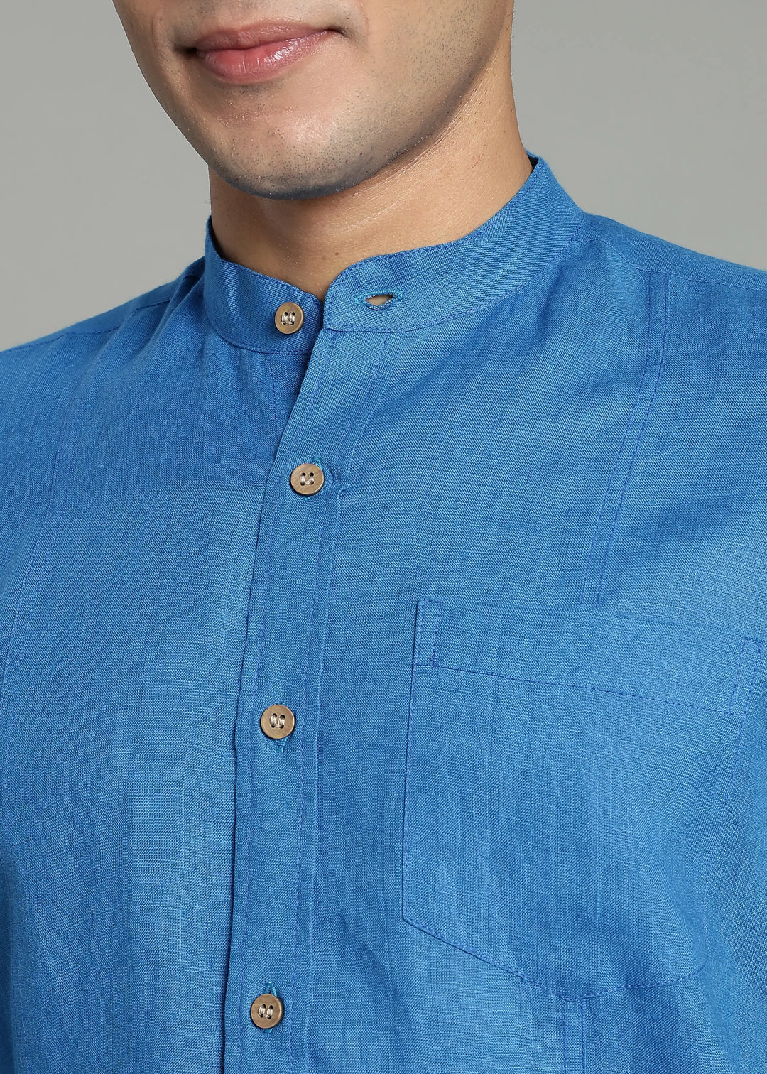 Trevor - Pure Linen Mandarin Collar Full Sleeve Shirt - Swedish Blue
