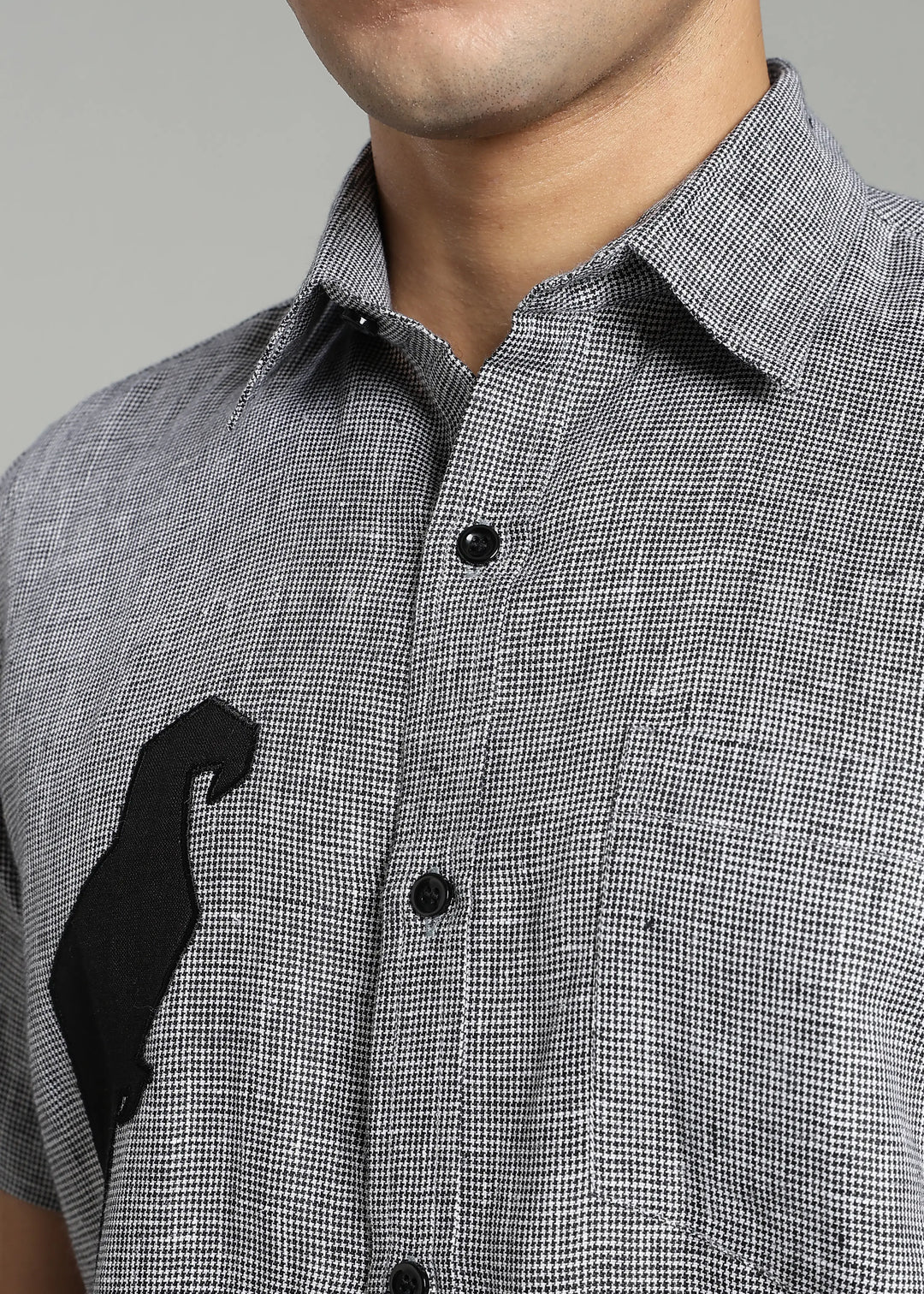 Jay - Pure Linen Appliqué Half Sleeve Shirt - Black Houndstooth