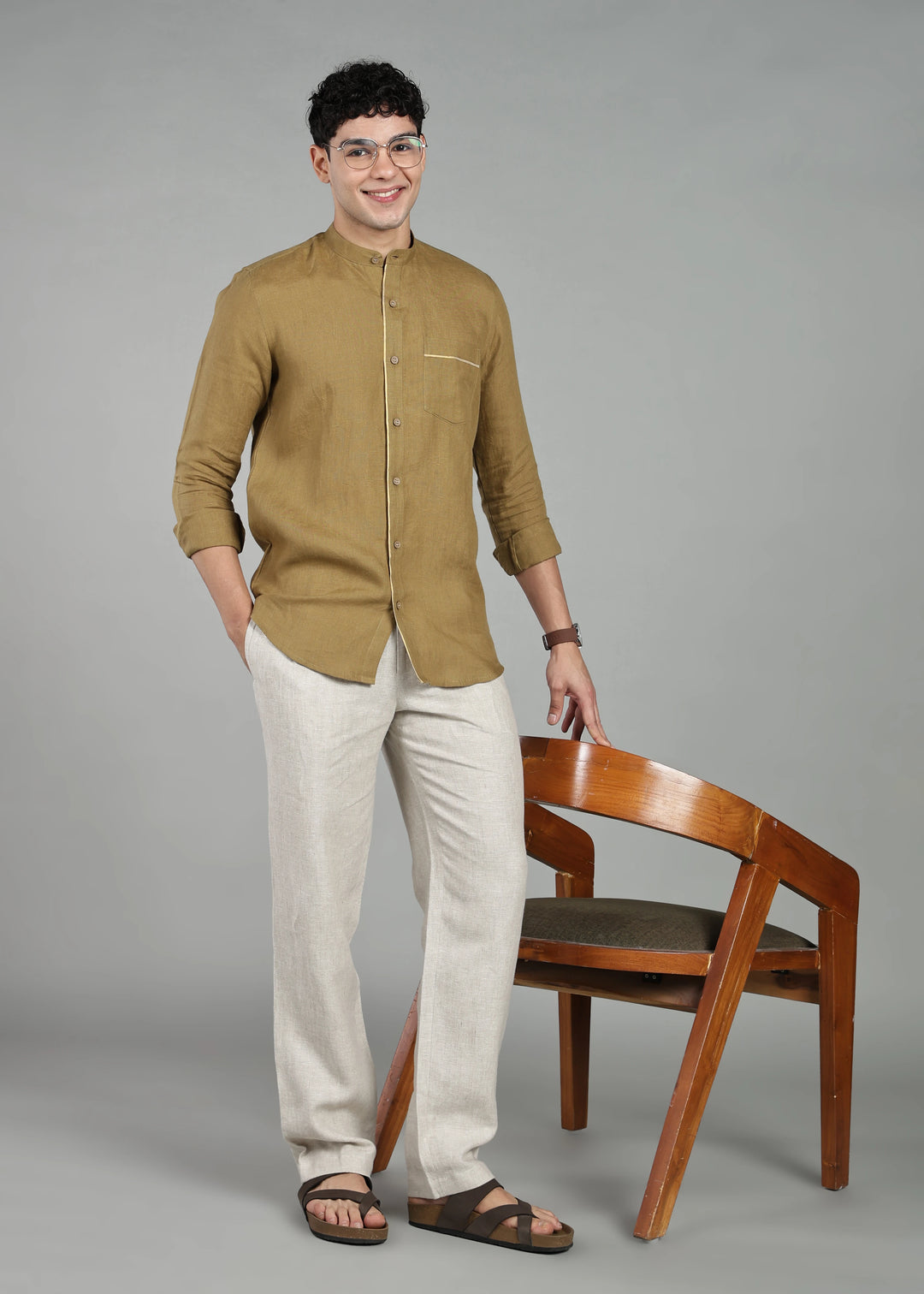 Kiran - Full Sleeve Shirt with Kasavu Inset Detail  - Golden Olive Green