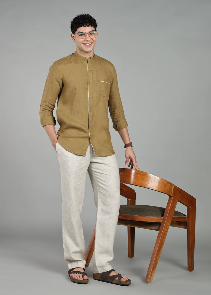 Kiran - Full Sleeve Shirt with Kasavu Inset Detail  - Golden Olive Green