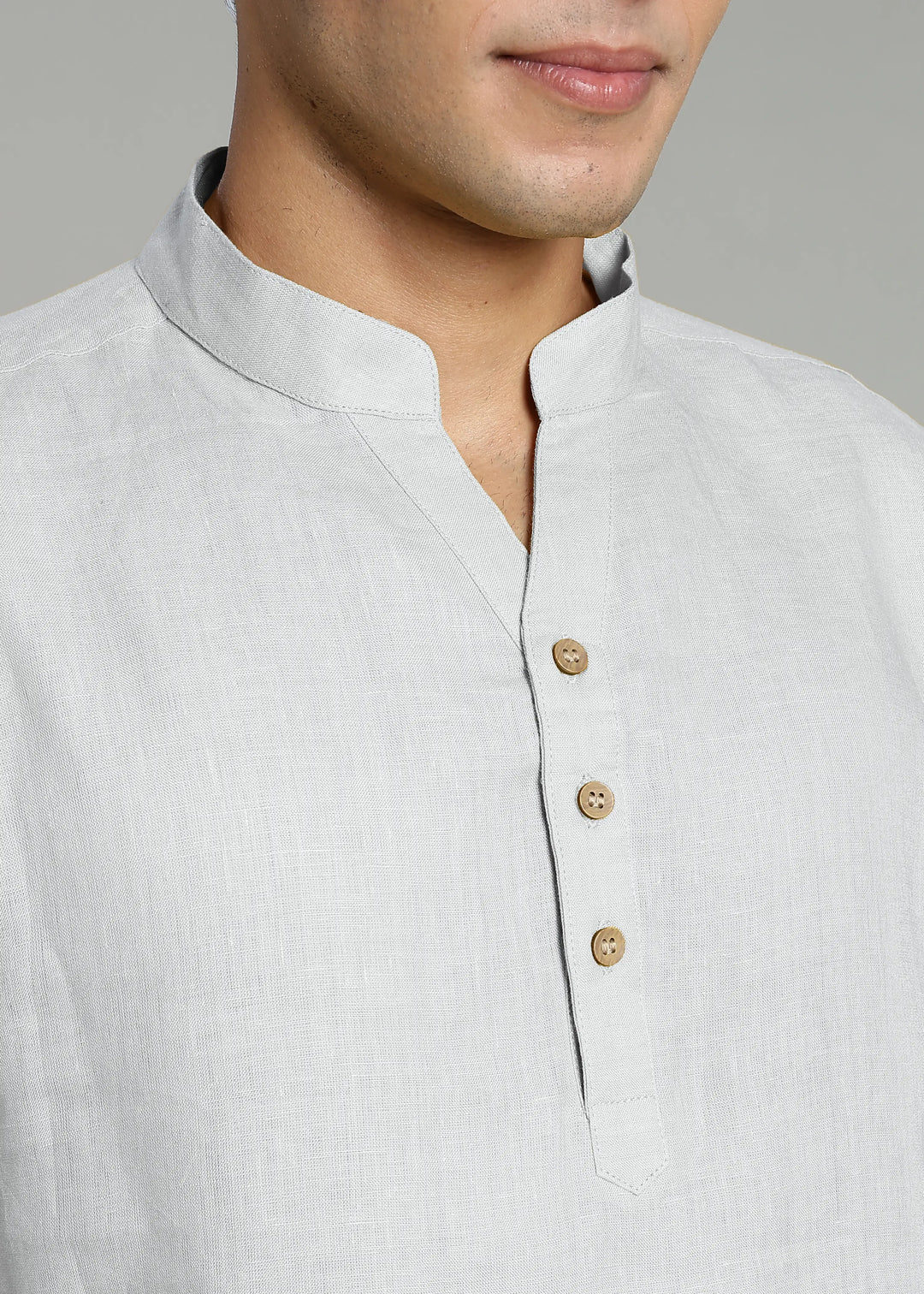 Zaeden - Pure Linen V Neck Full Sleeve Short Kurta Shirt - White