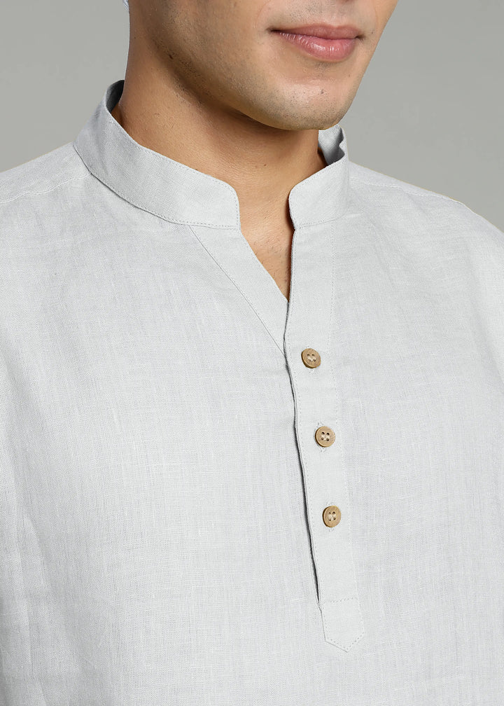 Zaeden - Pure Linen V Neck Full Sleeve Short Kurta Shirt - White