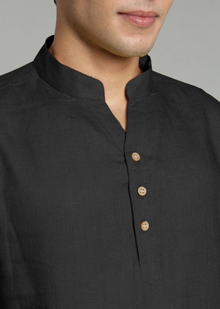 Zaeden - Pure Linen V Neck Full Sleeve Short Kurta Shirt - Black