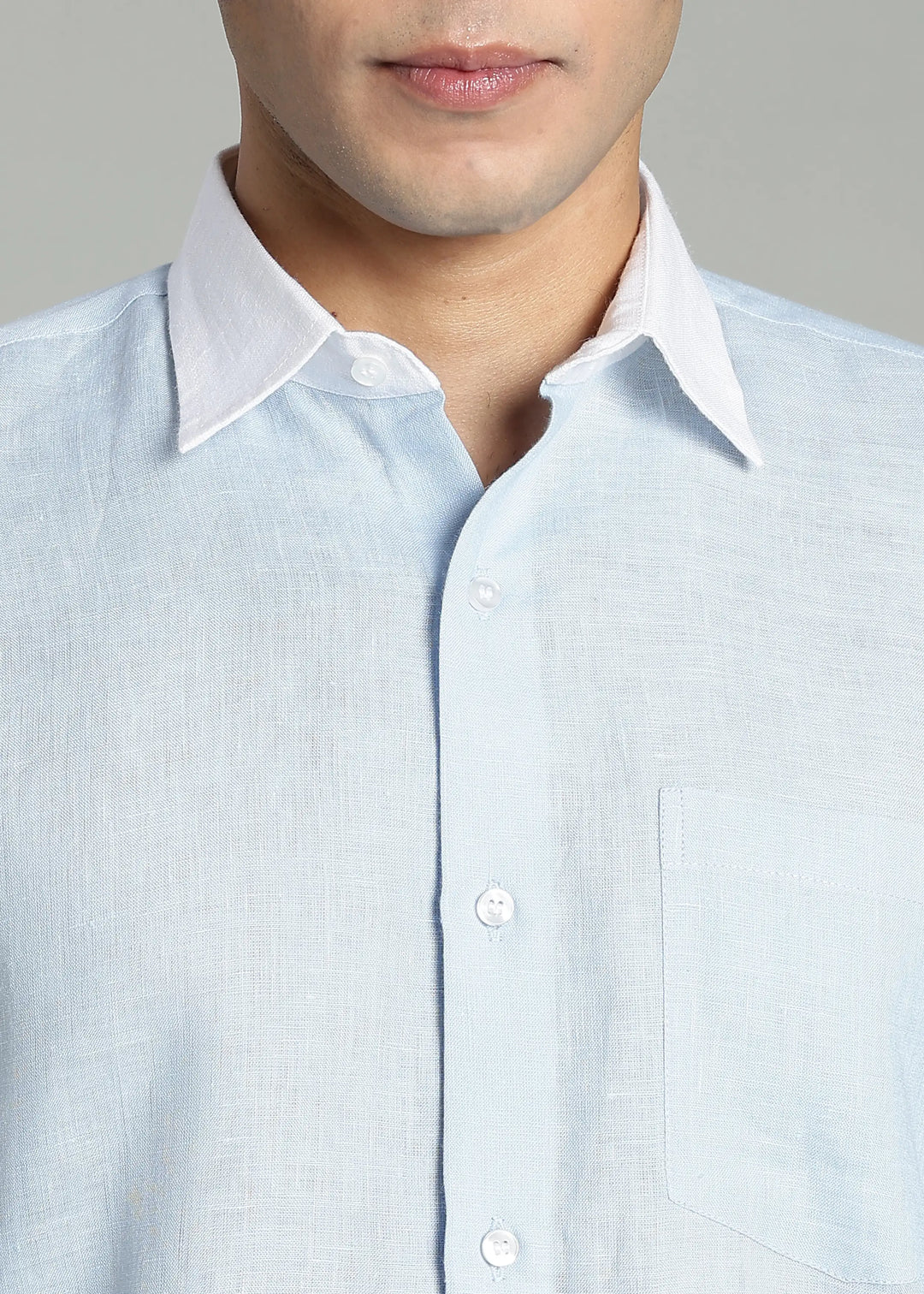 Bruce - Pure Linen Full Sleeve Contrast Regular Collar Shirt - Sky Blue