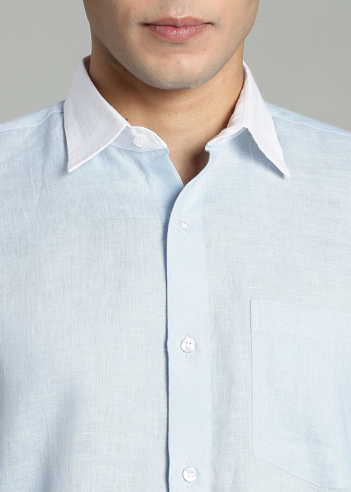 Bruce - Pure Linen Full Sleeve Contrast Regular Collar Shirt - Sky Blue