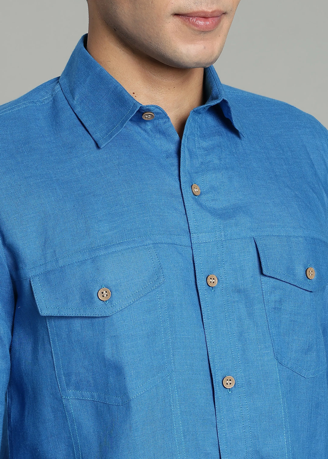 Thomas - Men's Pure Linen Double Pocket Full Sleeve Shirt - Swedish Blue