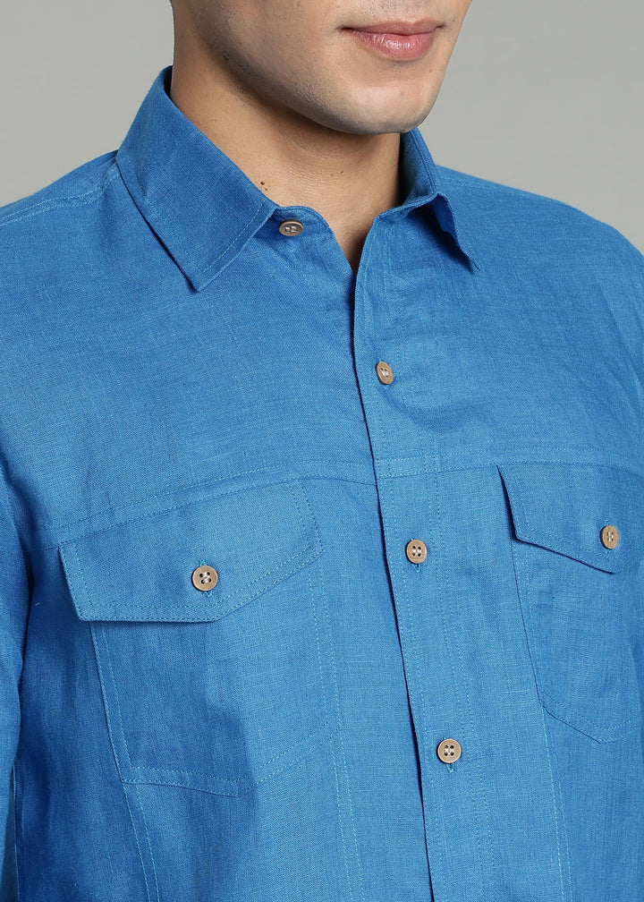 Thomas - Men's Pure Linen Double Pocket Full Sleeve Shirt - Swedish Blue