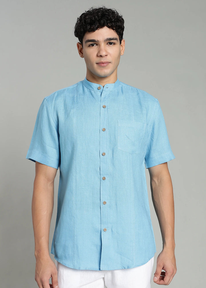 Trevor - Pure Linen Mandarin Collar Half Sleeve Shirt - Alaskan Blue