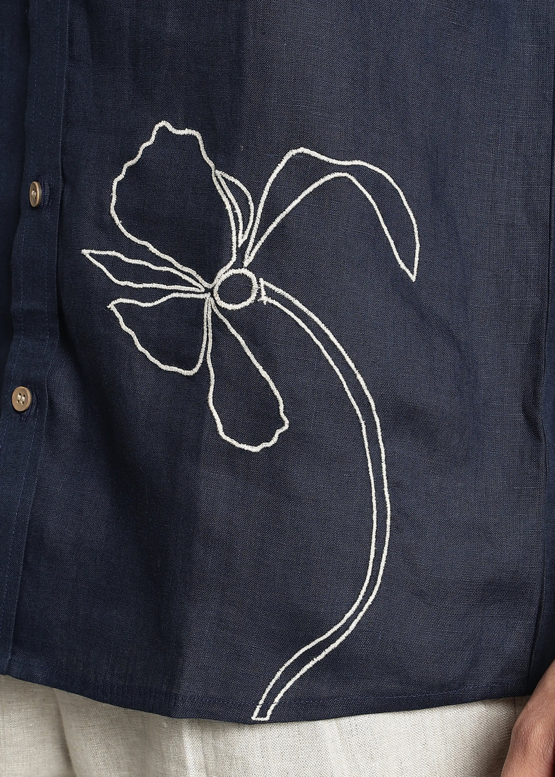 Iris - Pure Linen Appliqué Half Sleeve Shirt - Dark Blue
