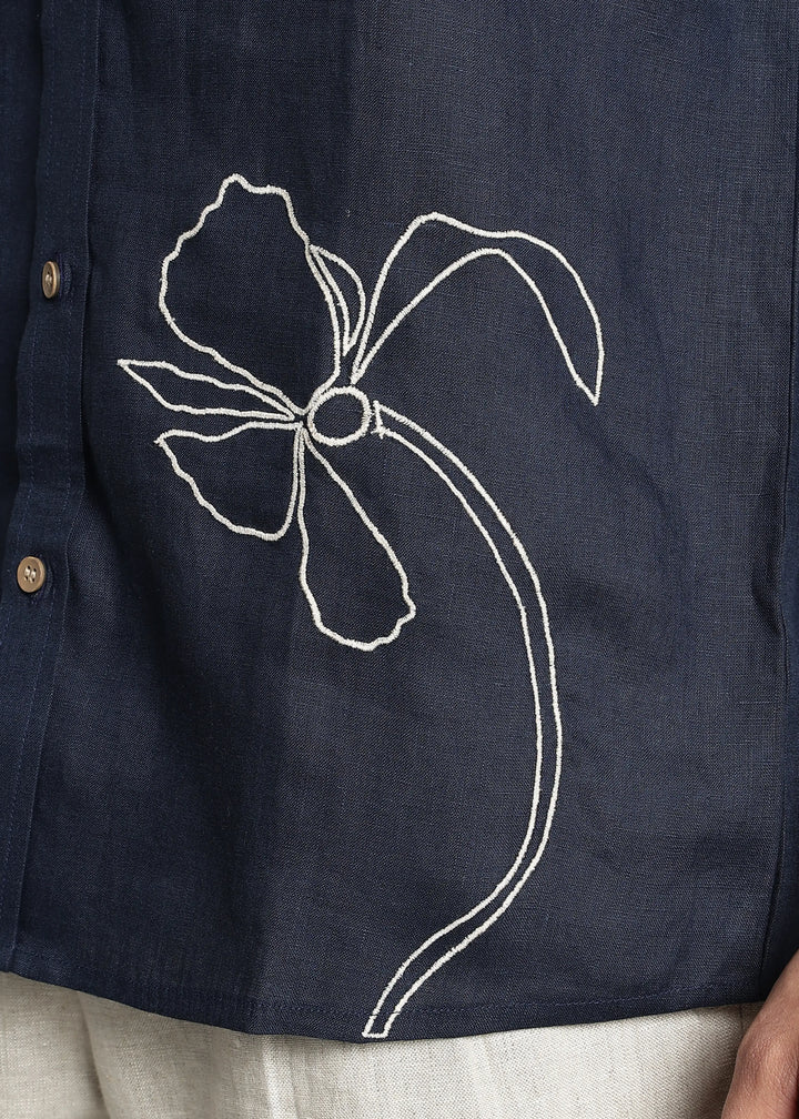 Iris - Pure Linen Appliqué Half Sleeve Shirt - Dark Blue