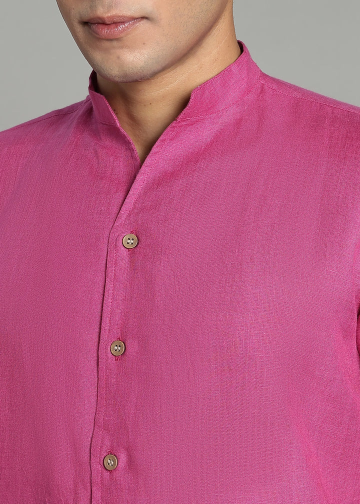 Craig - Pure Linen V Neck Full Sleeve Shirt - Raspberry Pink