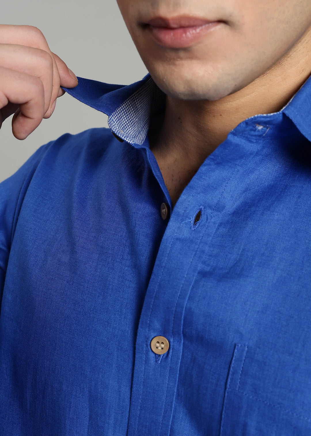 Keith - Pure Linen Full Sleeve Shirt with Blue Houndstooth Collar Band and Cuff Detail - Egyptian Blue
