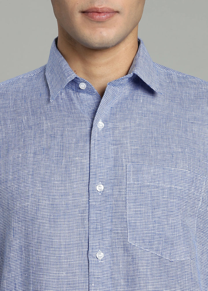 Ted - Pure Linen Short Sleeve Shirt - Blue Houndstooth